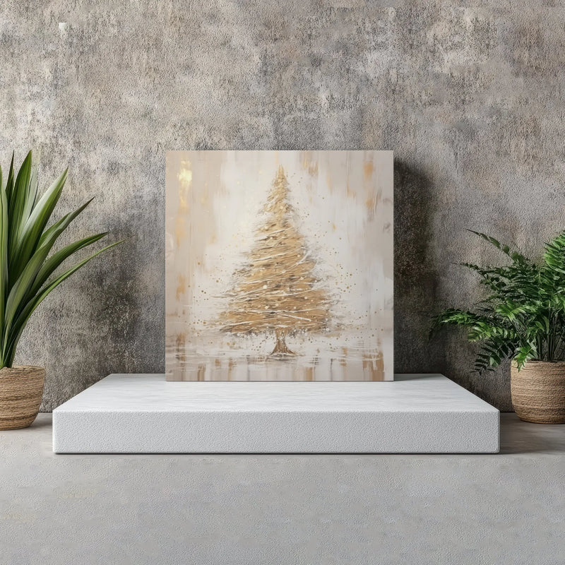 Gold and Cream Impasto Holiday Print, Golden Christmas Tree Canvas Wall Art, Elegant Winter Xmas Decor, Digital Download Printable