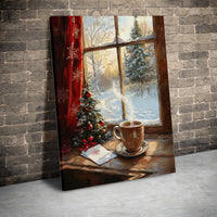 Snowy Cabin Winter Forest View Print, Christmas Window Canvas Wall Art, Festive Holiday Wall Decor, Comfy Art, Digital Download