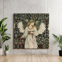 Holly Berry Damask Holiday Print, Victorian Christmas Angel Canvas Wall Art, Arts and Crafts Winter Poster, Digital Download Art