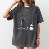 Adorable Winter Dog Graphic Tee, Snowman and Puppy T-Shirt, Festive Holiday Season Shirt, Vintage Christmas Puppy Lover Present for Women