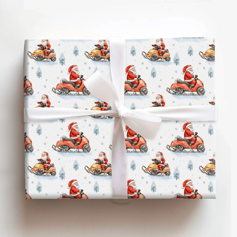 Watercolor Snowmobile Santa Gift Wrap, Snowmobile Santa Wrapping Paper, Winter Adventure Santa Wrapping Paper, Christmas Holiday Gift Wrap