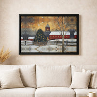 Snowy Red Church Winter Print, Christmas Village Canvas Wall Art, Festive Holiday Digital Download, Seasonal Wall Art Decor Present