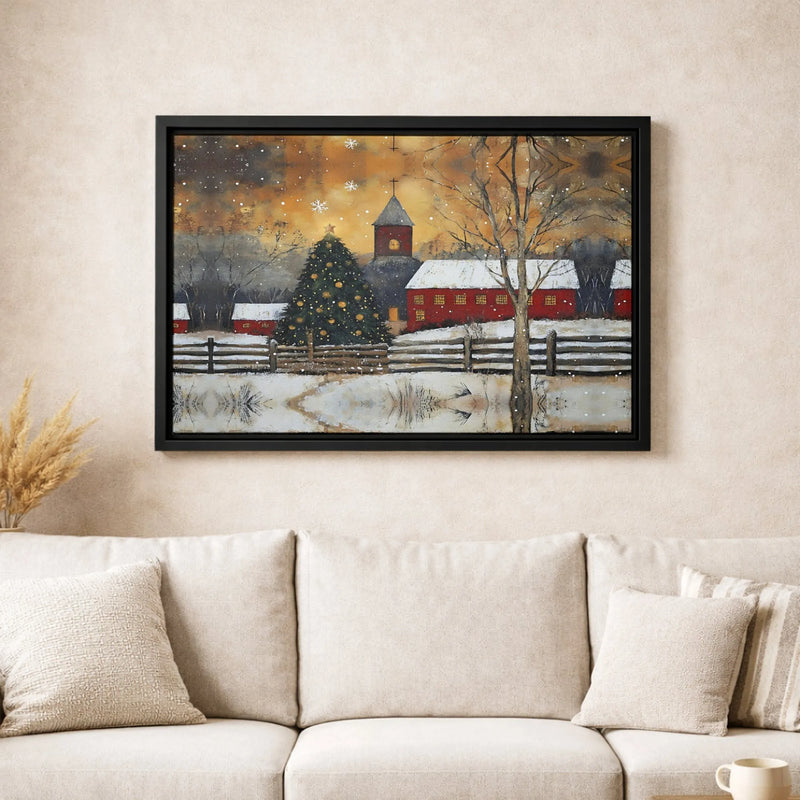Snowy Red Church Winter Print, Christmas Village Canvas Wall Art, Festive Holiday Digital Download, Seasonal Wall Art Decor Present