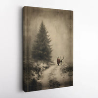 Winter Forest Canvas Print, Vintage Santa Claus with Reindeer Canvas Wall Art, Holiday Christmas Canvas Decor, Rustic Xmas Wall Art Present