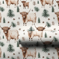 Rustic Winter Calf Gift Wrap, Highland Cow Christmas Wrapping Paper, Farmhouse Pine Tree Wrapping Paper, Watercolor Cow Holiday Gift Wrap