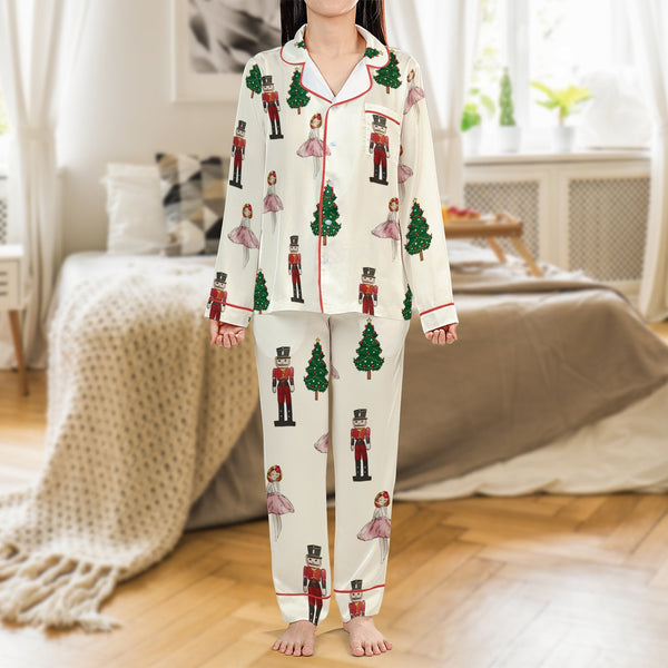 Ballet Dancer Satin Pajamas, Nutcracker Christmas Pajama Set, Festive Holiday Pajamas, Long Sleeve Sleepwear Set, Women Loung
