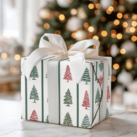 Red Green Pine Tree Gift Wrap, Striped Christmas Tree Wrapping Paper, Classic Holiday Present Paper, Traditional Striped Gift Wrapping Paper