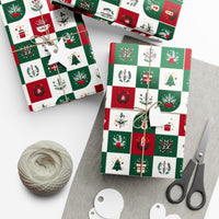 Checkerboard Holiday Icons Gift Wrap, Folk Art Christmas Wrapping Paper, Retro Xmas Wrapping Paper, Festive Winter Present Wrap Paper Roll