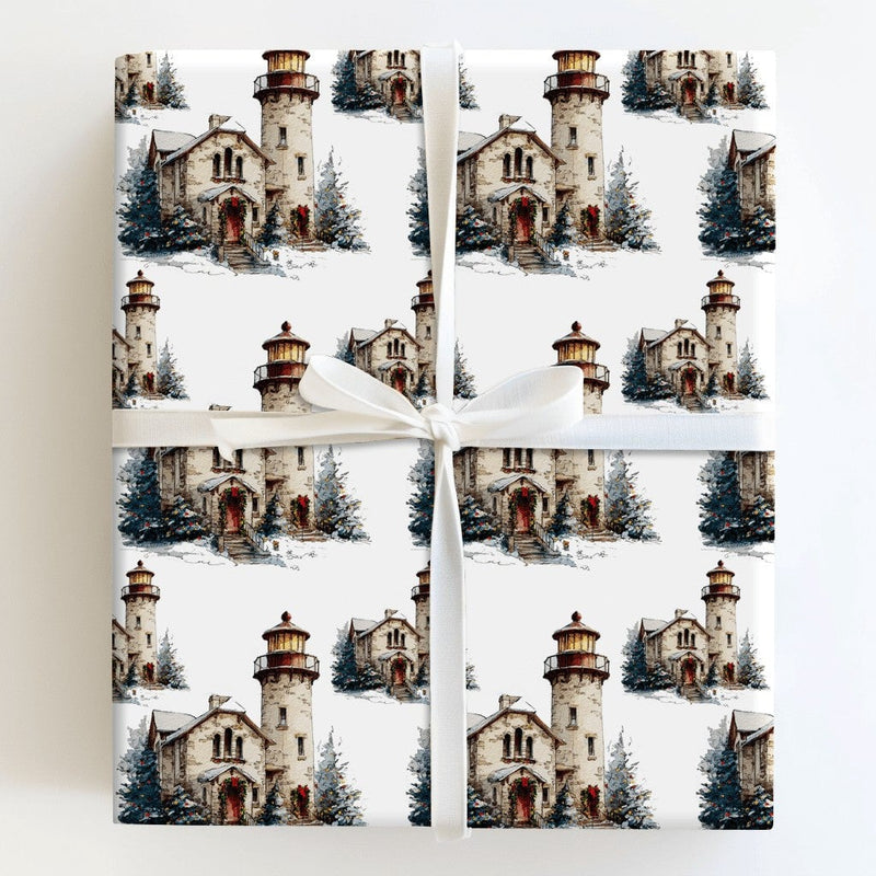 Coastal Winter Gift Wrap, Watercolor Christmas Lighthouse Wrapping Paper, Nautical Holiday Wrapping Paper, Snowy Ocean Theme Gift Wrapping