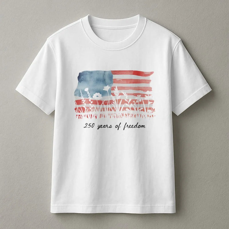 America 250 Years of Freedom T-Shirt | Watercolor Wildflower Flag Art | Soft Cotton Patriotic Tee | Fourth of July Gift for Women