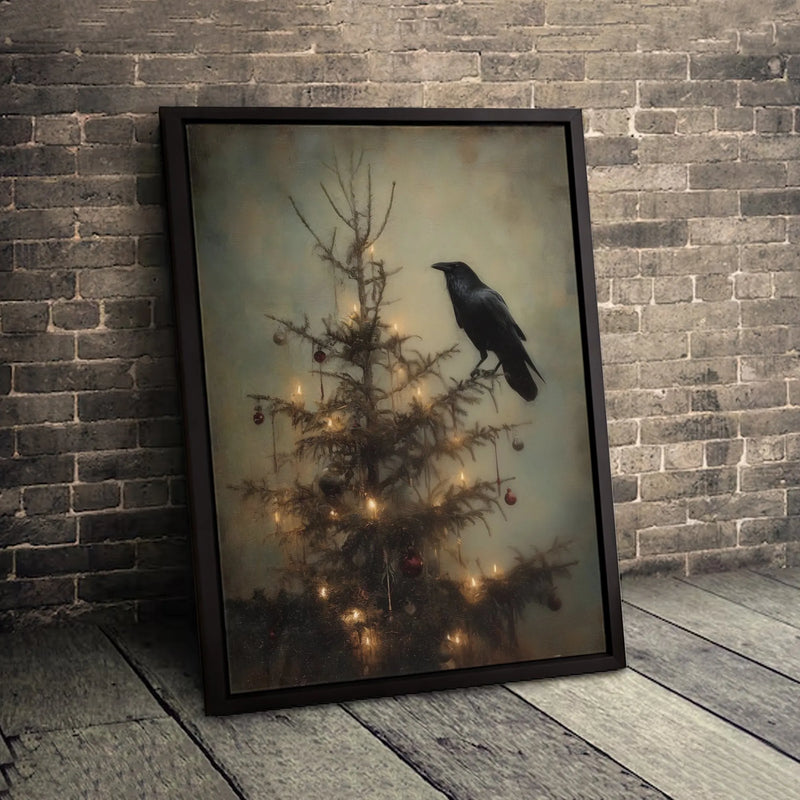 Dark Holiday Crow Poster, Gothic Raven Christmas Tree Wall Art, Moody Academia Xmas Art Print, Printable Digital Download