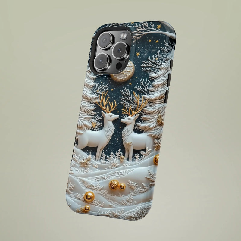 3D Relief Snowy Forest Moonlit Phone Cover, Winter Reindeer iPhone Case, Dual Layer Tough Phone Case, Christmas Holiday Present for Her