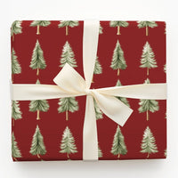 Rustic Red Christmas Gift Wrap, Watercolor Pine Tree Wrapping Paper, Deep Red Winter Forest Wrapping Paper, Festive Holiday Wrapping Paper