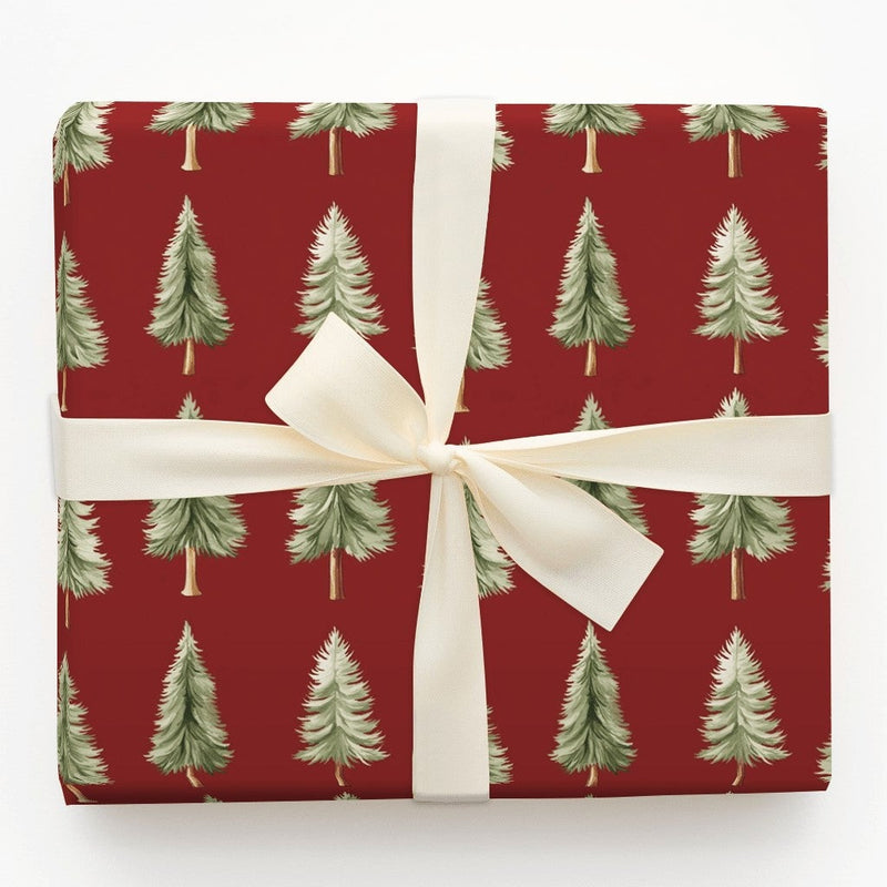 Rustic Red Christmas Gift Wrap, Watercolor Pine Tree Wrapping Paper, Deep Red Winter Forest Wrapping Paper, Festive Holiday Wrapping Paper