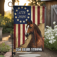 Patriotic Horse Garden Flag | 250 Years Strong 1776-2026 USA | Double-Sided Weather Resistant Polyester | Rustic American Heritage Outdoor Yard Decor Gift