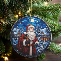 Snowy Village Christmas Ornament, Stained Glass Santa Ornament, Winter Scene Tree Ornament, Glossy Ceramic Holiday Keepsake