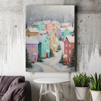 Snowy Pastel Town Winter Painting, Christmas Village Digital Canvas Print, Instant Download Vertical Wall Art, Holiday Home Decor