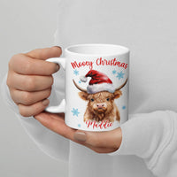 Watercolor Cow in Santa Hat Coffee Mug, Personalized Highland Cow Christmas Mug, Custom Name Holiday Ceramic Mug, Xmas Coffee Cup