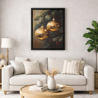 Vintage Holiday Pine Canvas Print, Golden Christmas Ornaments Canvas Wall Art, Festive Xmas Painting Canvas, Christmas Wall Decor Present