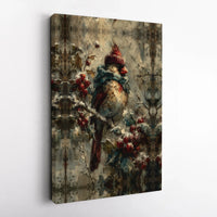 Bird in Scarf Snowy Holly Poster, Winter Cardinal Wall Art Print, Vintage Christmas Bird Painting, Comfy Holiday Print, Digital Download