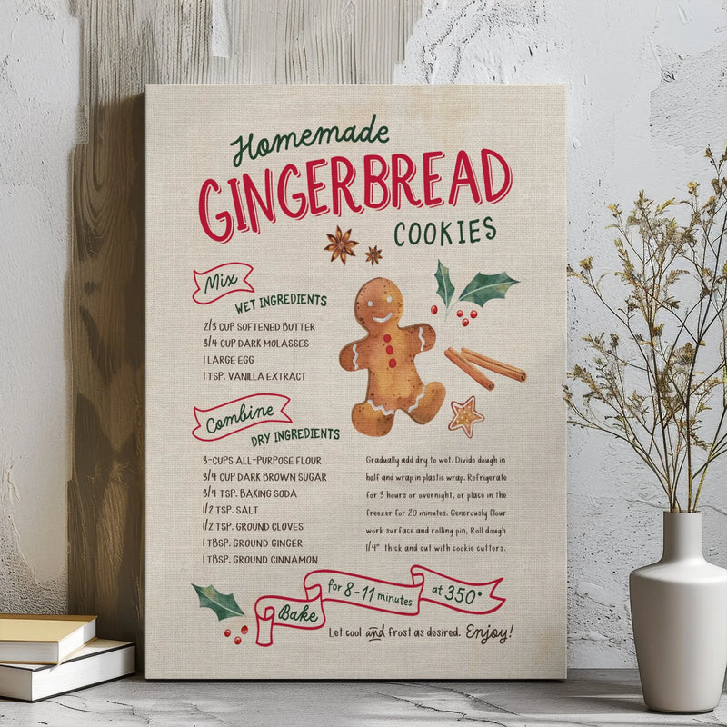 Watercolor Gingerbread Man Canvas Print, Gingerbread Cookie Recipe Canvas Wall Art, Holiday Baking Wall Decor, Christmas Kitchen Canvas