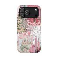 iPhone Tough Phone Cover, Pink Christmas Phone Case, Watercolor Holiday Tree Phone Case, Coquette Christmas Bow Phone Case Xmas Present for Her