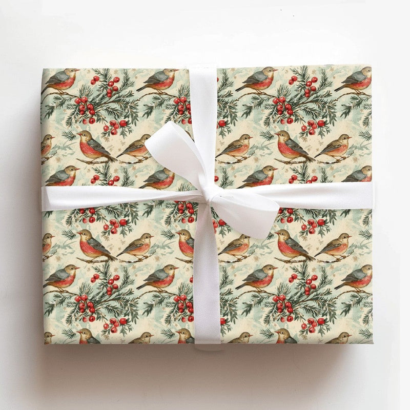 Winter Bird Botanical Gift Wrap, Vintage Robin Christmas Wrapping Paper, Pine Holly Berry Wrapping Paper, Rustic Holiday Present Wrap