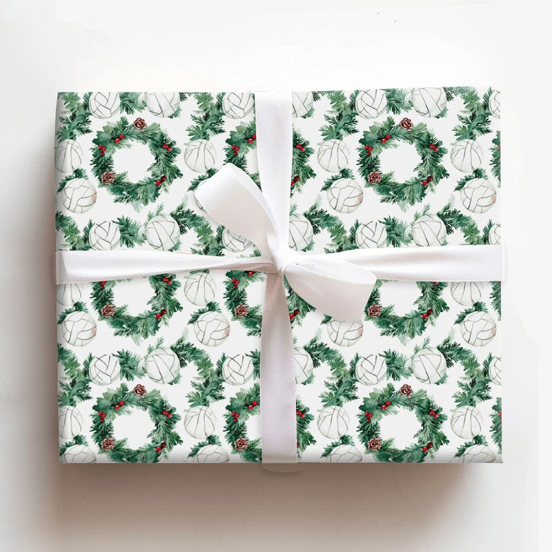 Festive Holiday Wreath Gift Wrap Roll, Volleyball Christmas Wrapping Paper, Sports Team Present Wrap, Athlete Coach Winter Wrapping Paper