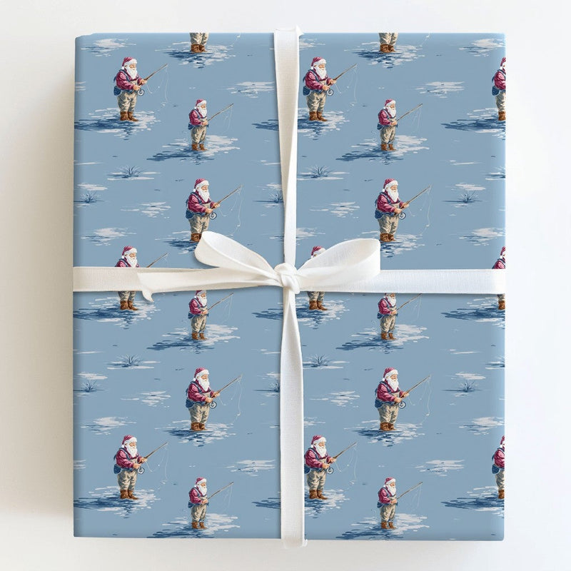 Wading Santa Christmas Gift Wrap, Fishing Santa Wrapping Paper, Icy Blue Winter Holiday Wrapping Paper, Outdoorsman Fishing Rod Gift Wrap
