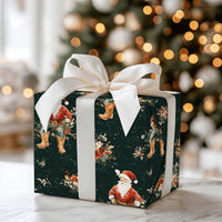 Western Floral Holiday Gift Wrap, Cowboy Santa Christmas Wrapping Paper, Rustic Country Santa Wrapping Paper, Dark Green Xmas Gift Wrap