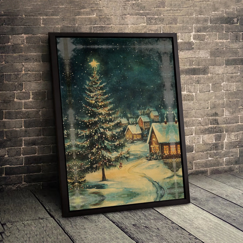 Snowy Winter Landscape Print, Christmas Village Digital Wall Art, Lit Pine Tree Holiday Poster, Festive Xmas Wall Decor Digital Download