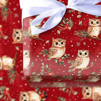 Woodland Bird Gift Wrap, Christmas Owl Wrapping Paper, Red Holiday Wrapping Paper, Pine Holly Berry Gift Wrap, Winter Wrapping Paper Roll