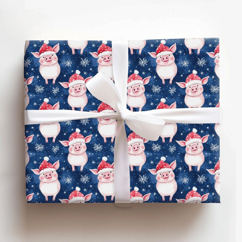 Santa Hat Piggy Holiday Gift Wrap, Adorable Christmas Pig Wrapping Paper, Whimsical Animal Present Wrap, Navy Winter Packaging Paper