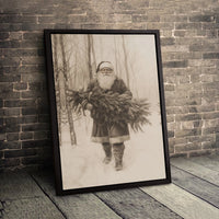 Sketch Santa Carrying Tree Canvas Print, Vintage Santa Claus Wall Art, Rustic Christmas Canvas Decor, Holiday Canvas Art, Xmas Home Present