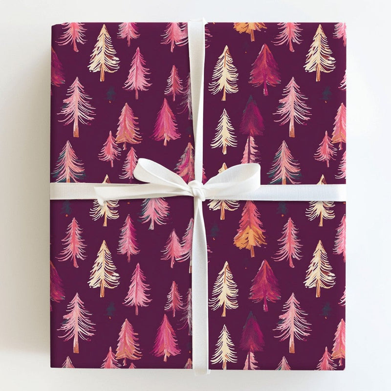 Plum Purple Christmas Gift Wrap, Pink Pine Tree Wrapping Paper, Modern Painterly Holiday Wrapping Paper, Colorful Tree Gift Wrap Roll