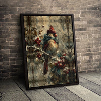 Bird in Scarf Snowy Holly Poster, Winter Cardinal Wall Art Print, Vintage Christmas Bird Painting, Comfy Holiday Print, Digital Download