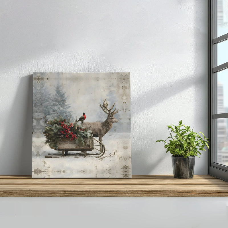 Rustic Christmas Sleigh Canvas, Winter Deer Square Canvas Wall Art, Bullfinch Berry Farmhouse Wall Art, Holiday Nature Canvas Print