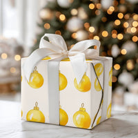 Watercolor Yellow Ornament Gift Wrap, Gold Christmas Baubles Wrapping Paper, Elegant Holiday Wrapping Paper, Festive Xmas Gift Wrap