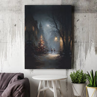 Winter Night Deer and Tree Scene Wall Art, Snowy Christmas Village Canvas Print, Moody Holiday Decor Poster, Digital Download