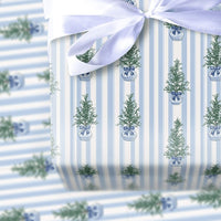 Blue and White Topiary Gift Wrap, Chinoiserie Christmas Tree Wrapping Paper, Grandmillennial Wrapping Paper, Holiday Striped Wrapping Paper