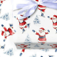Christmas Winter Gift Wrap, Ice Skating Santa Wrapping Paper, Watercolor Holiday Present Wrapping Paper, Adorable Santa Claus Winter Gift Wrap