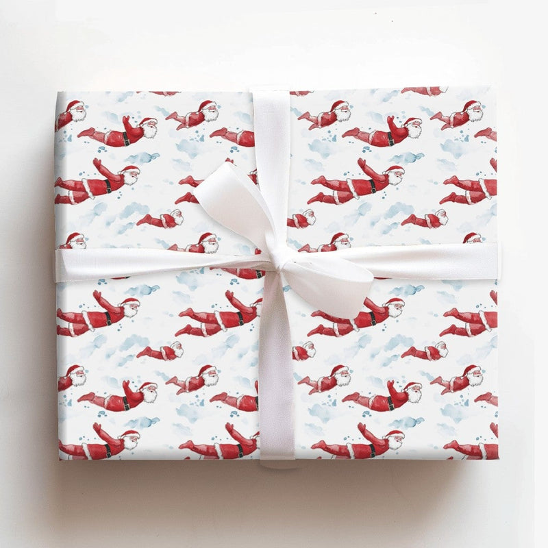 Watercolor Holiday Gift Wrap, Flying Santa Christmas Wrapping Paper, Whimsical Sky Santa Wrapping Paper, Secret Santa Xmas Present Gift Wrap