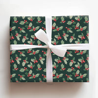 Dark Green Botanical Berry Gift Wrap, Christmas Holly Wrapping Paper, Traditional Winter Wrapping Paper, Festive Holiday Gift Wrap Roll