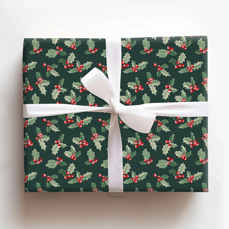 Dark Green Botanical Berry Gift Wrap, Christmas Holly Wrapping Paper, Traditional Winter Wrapping Paper, Festive Holiday Gift Wrap Roll