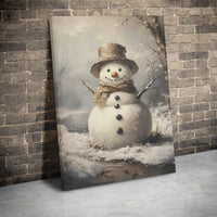 Winter Snow Scene Oil Painting Print, Vintage Snowman Canvas Wall Art, Rustic Farmhouse Christmas Poster, Digital Download Holiday Art