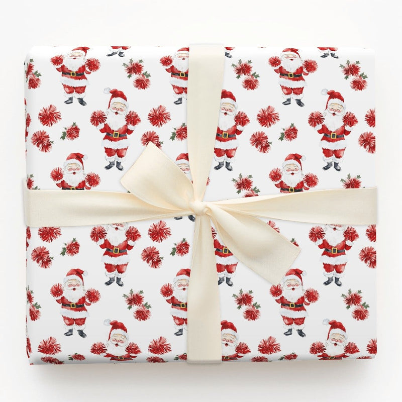 Pom Pom Santa Christmas Gift Wrap, Cheerleader Santa Wrapping Paper, Watercolor Whimsical Present Paper, Humorous Holiday Gift Wrapping Paper