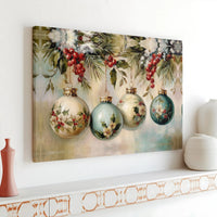 Holly Berry Baubles Wall Art, Victorian Christmas Ornaments Canvas, Vintage Holiday Ornament Print, Elegant Xmas Canvas Art