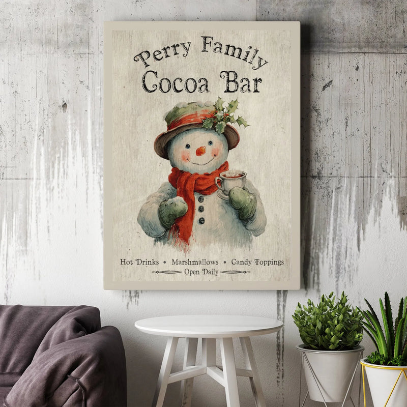 Vintage Snowman Christmas Wall Art, Personalized Hot Cocoa Bar Poster, Custom Family Holiday Sign Art Print, Digital Download