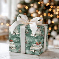 Retro Holiday Van Gift Wrap, Vintage Camper Christmas Wrapping Paper, Winter Pine Tree Wrapping Paper, Rustic Holiday Present Wrap Roll