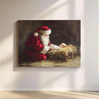 Nativity Canvas Wall Art, Santa Kneeling Before Jesus Canvas, Christian Christmas Canvas Print, Religious Faith Holiday Home Decor